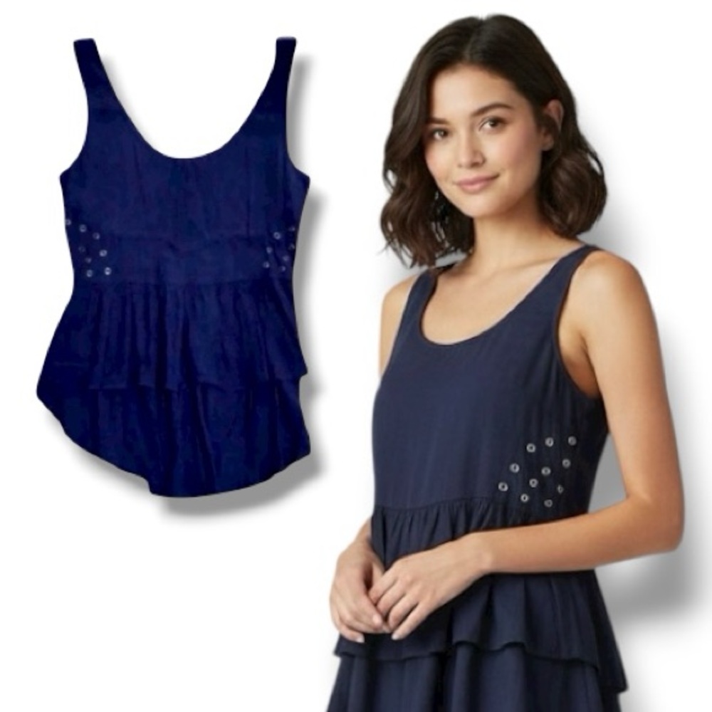 Anthropologie Millau Top Navy Blue/Indigo/Navy Peplum Side Grommets Tank Size M